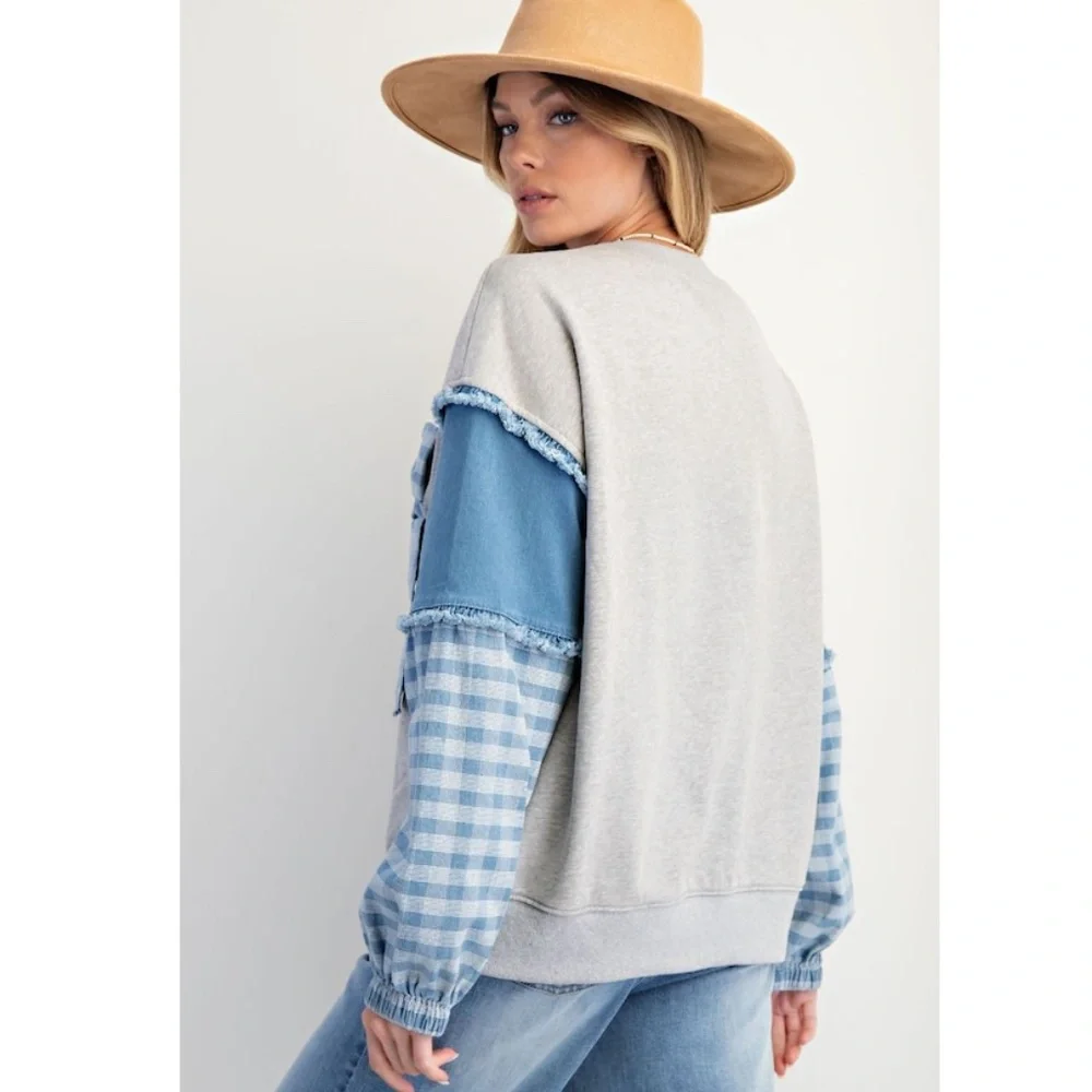 🌟 “The McKenna" Gray Denim Contrast Plaid Bow Pullover - Picture 4 of 4